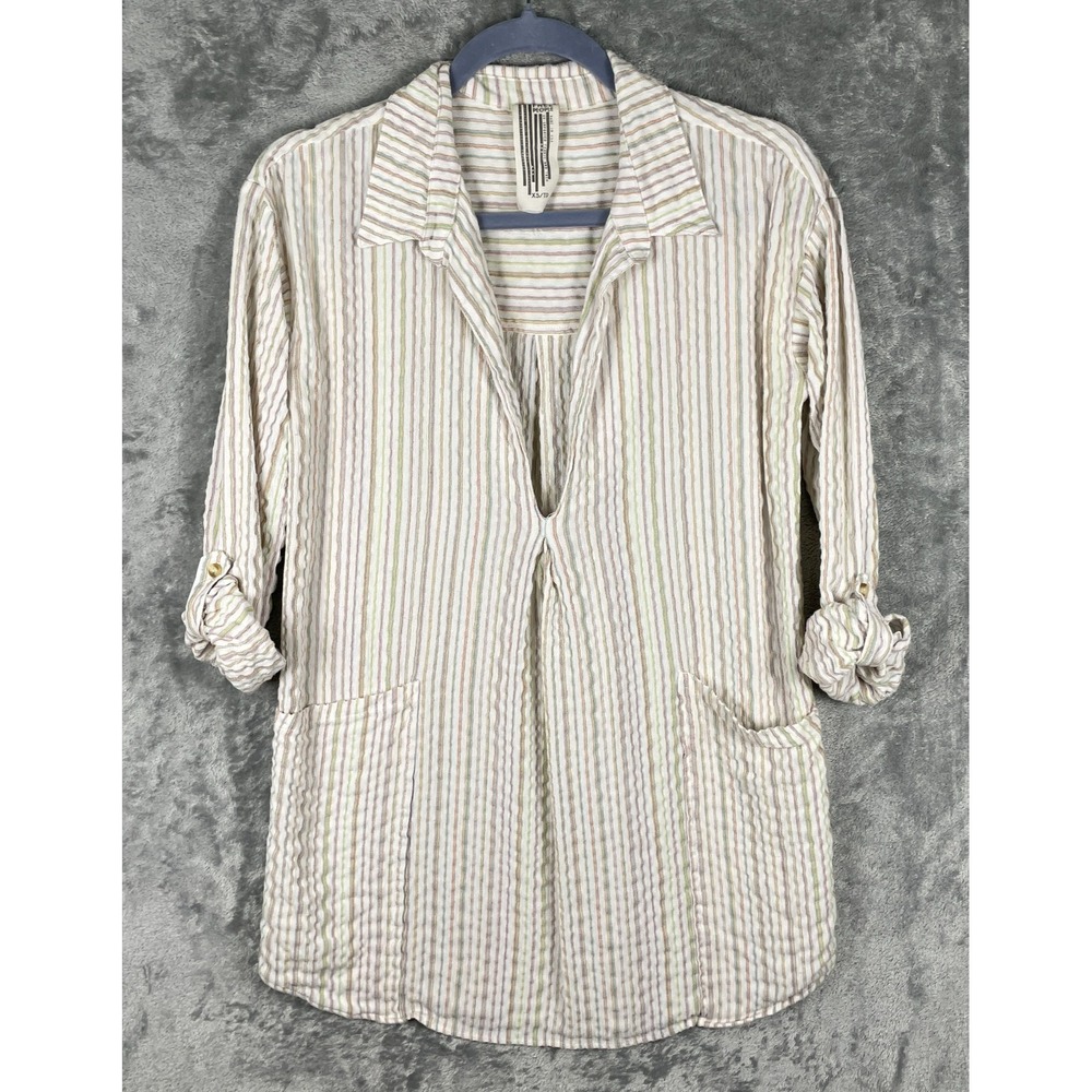 Vintage Y2K Free People Tunic Top XS Ivory Striped Pockets Roll Tab Sleeves Flaw
